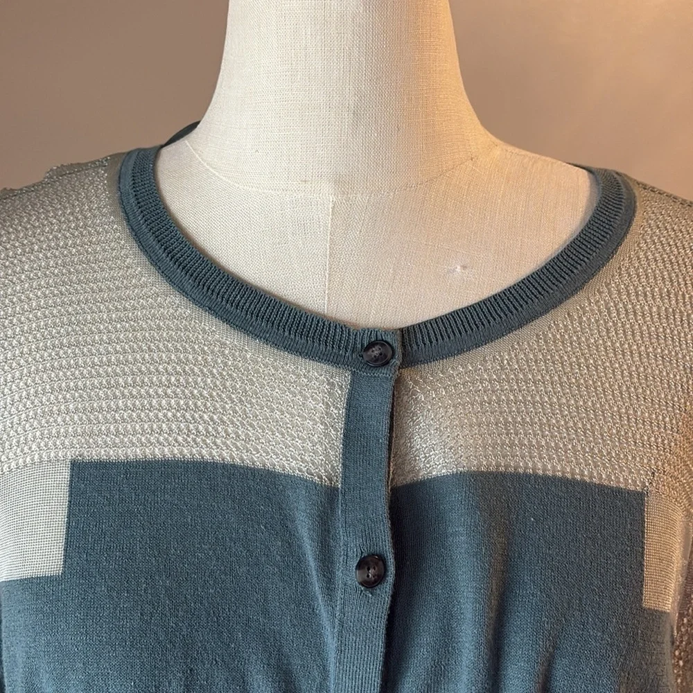 Vera wang NEW teal green gray partial sheer cardigan netting mesh / button up XL